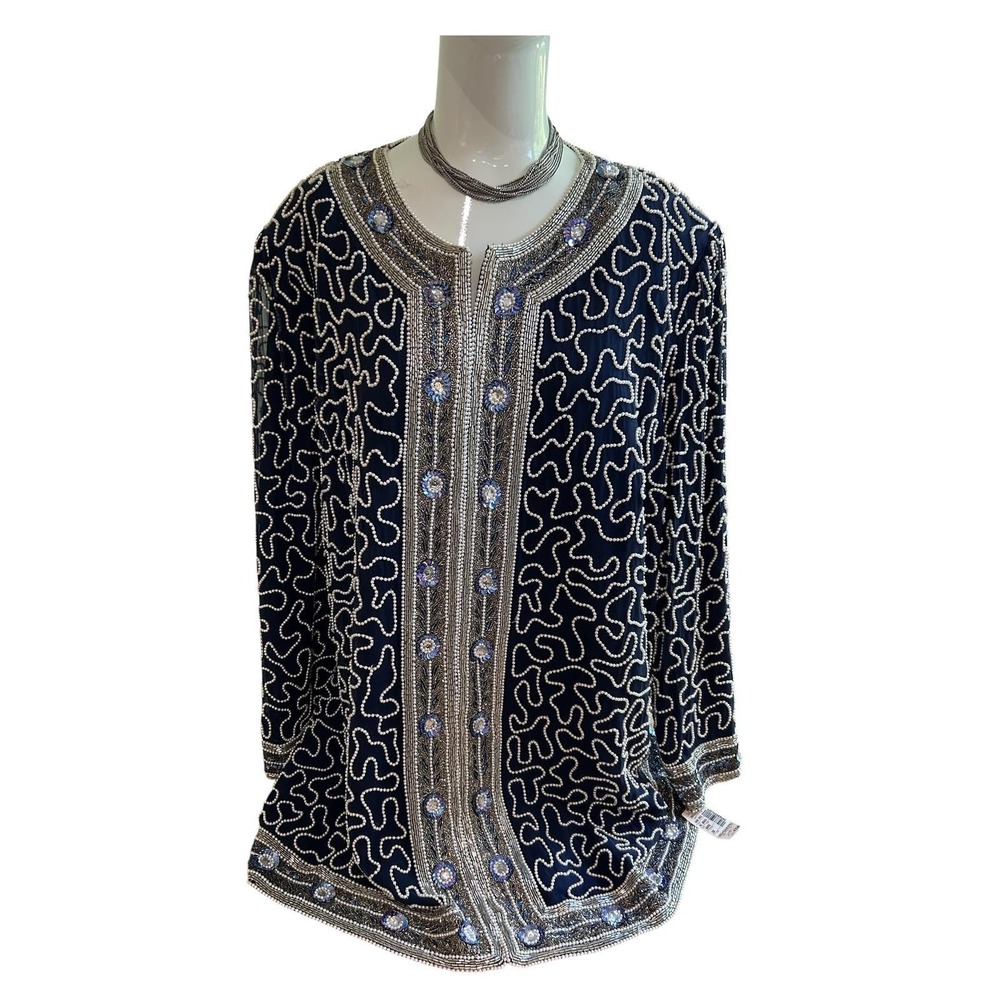 Vtg NWT Stenay Plus 80s Silk Blue embellished  Beaded Sequin Jacket Jacobsons 2X